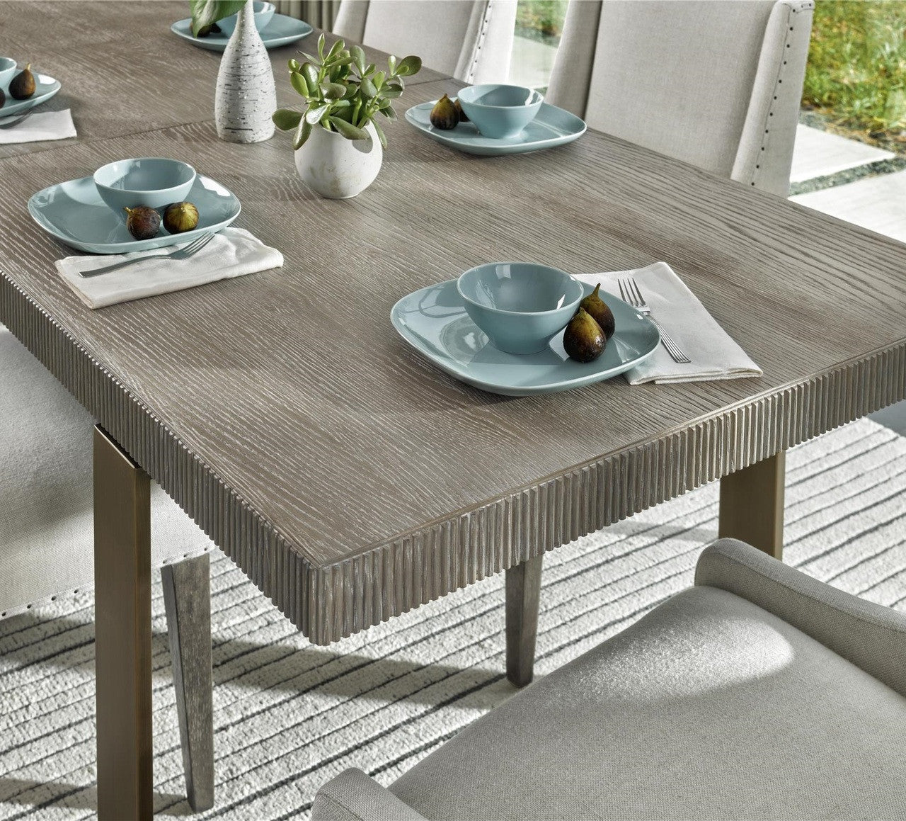 Robards Modern Grey Oak Wood + Bronze Base Extension Dining Table