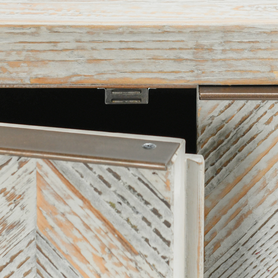Sabrina 94" Reclaimed Pine Chevron Patterned 4-Door Cabinet