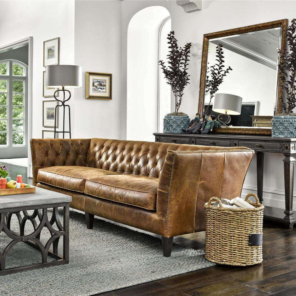 Duncan Chestnut Tufted Leather Sofa 98"