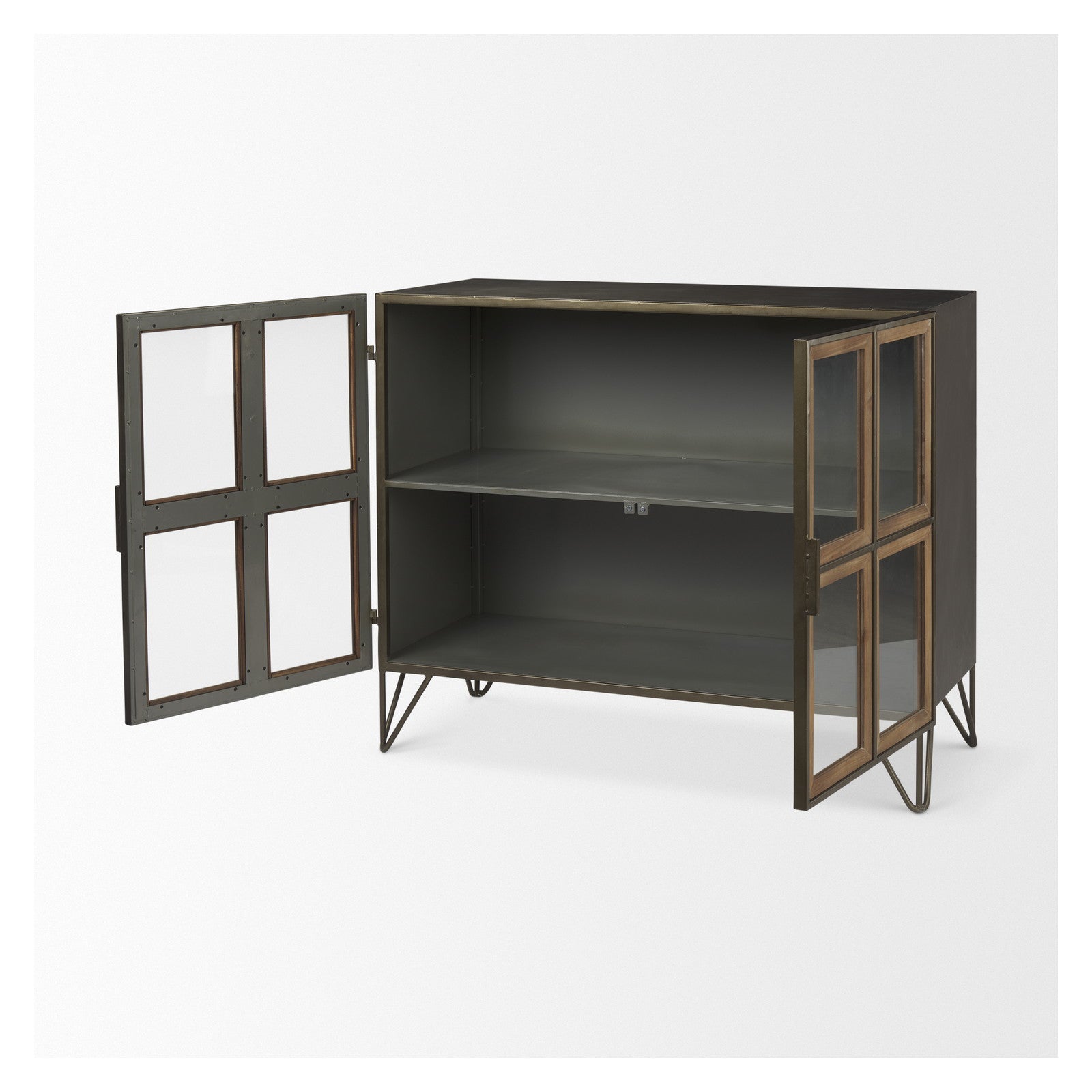 Pandora Dark Brass Metal W/Red Wood 2 Door Accent Cabinet by Mercana at ZIN Home