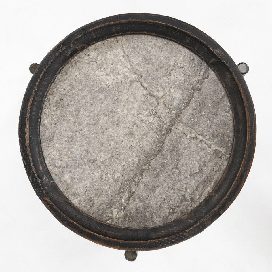 Dakota Reclaimed Wood and Travertine Round Side Table 22"