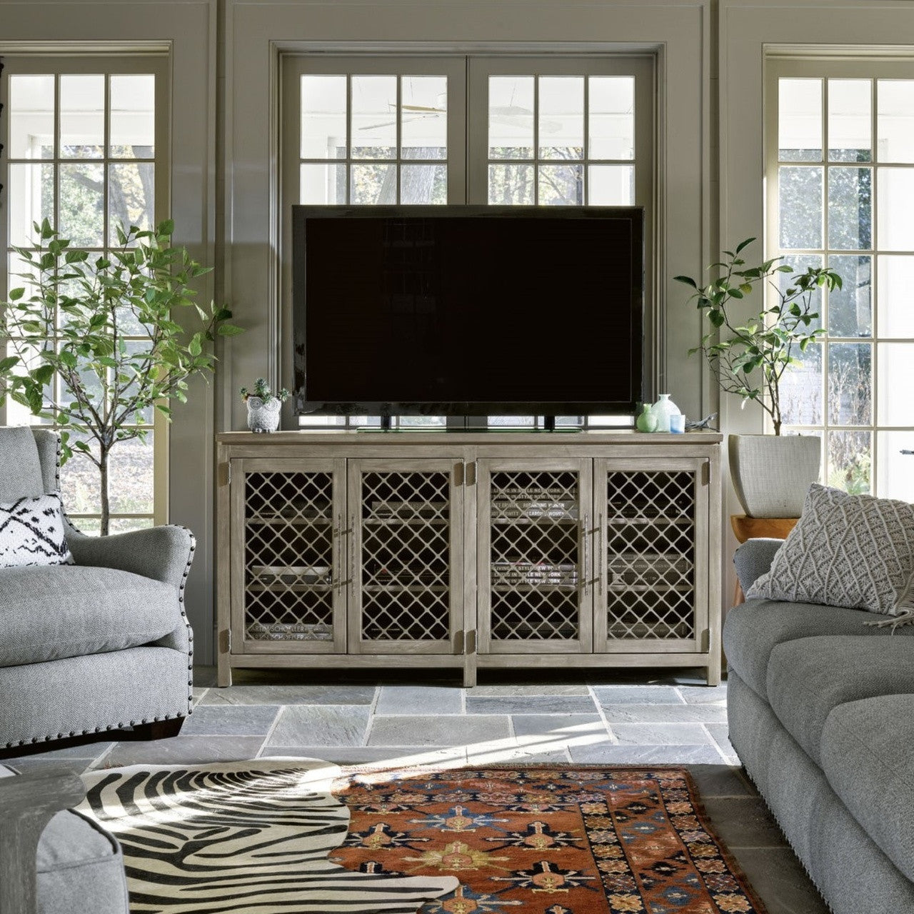 Griffin Rustic Grey Media Console With Mesh Doors 72"