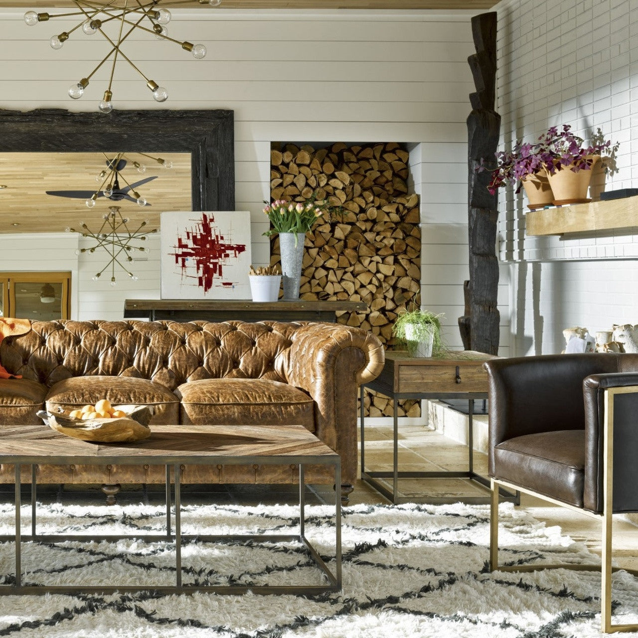 Langston Metal + Rustic Elm Wood Parquet Top End Table