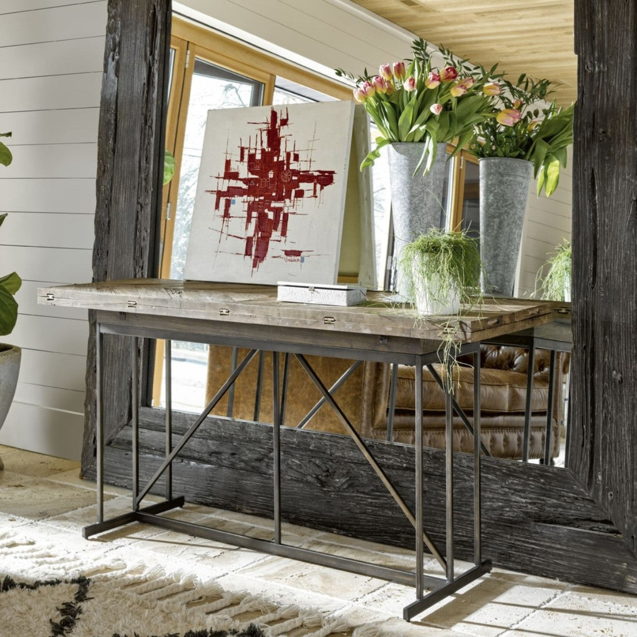 Langston Metal + Rustic Elm Wood Drop Leaf Console Tables
