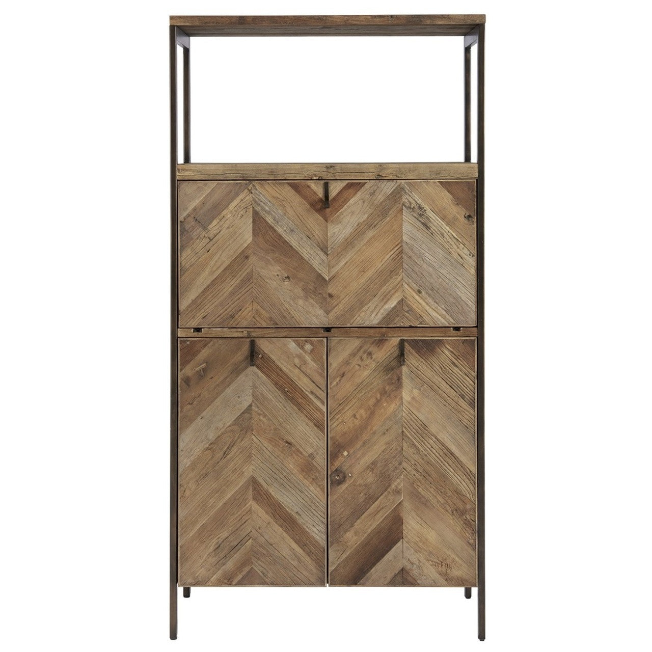 Langston Metal + Rustic Elm Wood Parquet Bar Cabinet