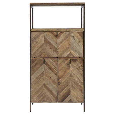 Langston Metal + Rustic Elm Wood Parquet Bar Cabinet