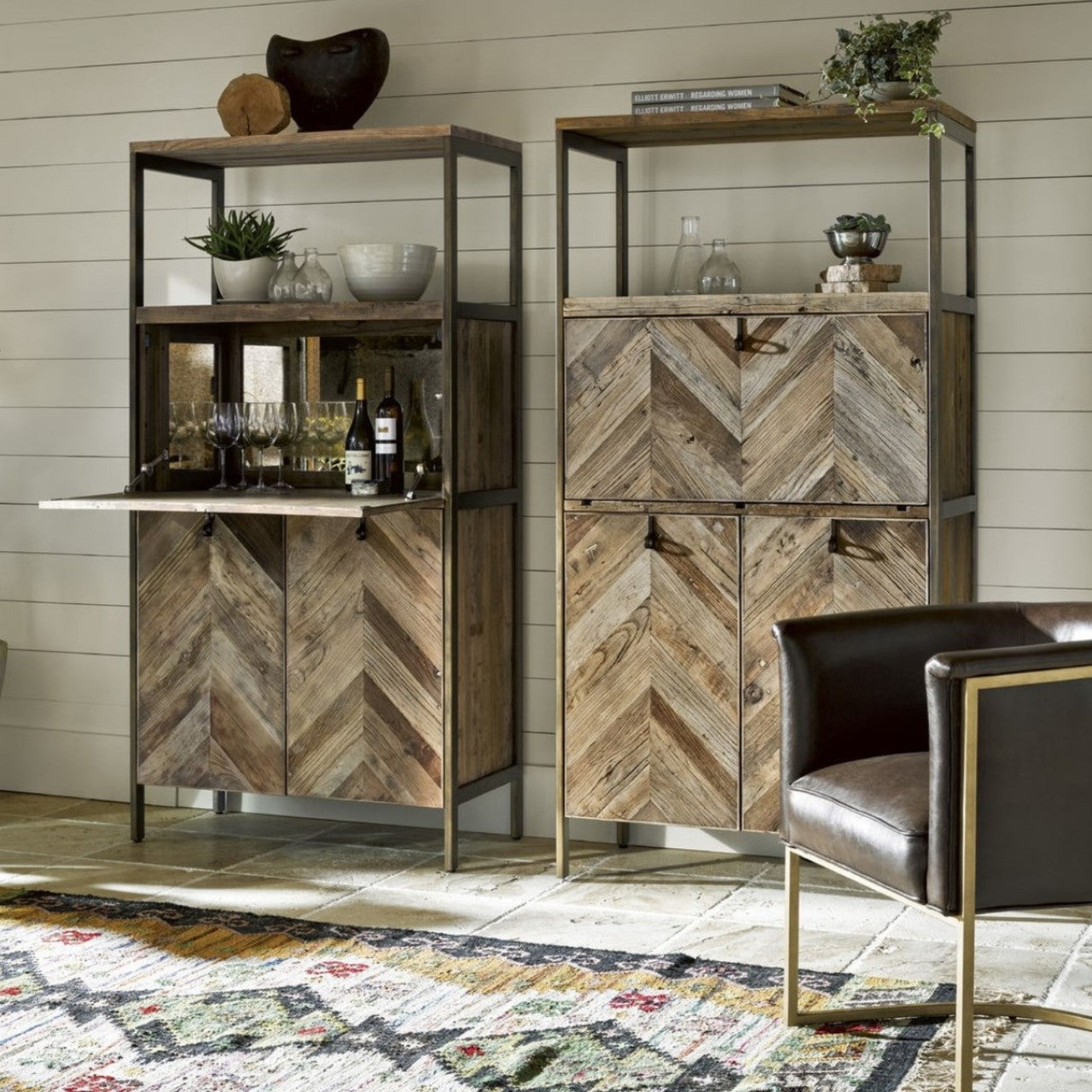 Langston Metal + Rustic Elm Wood Parquet Bar Cabinet