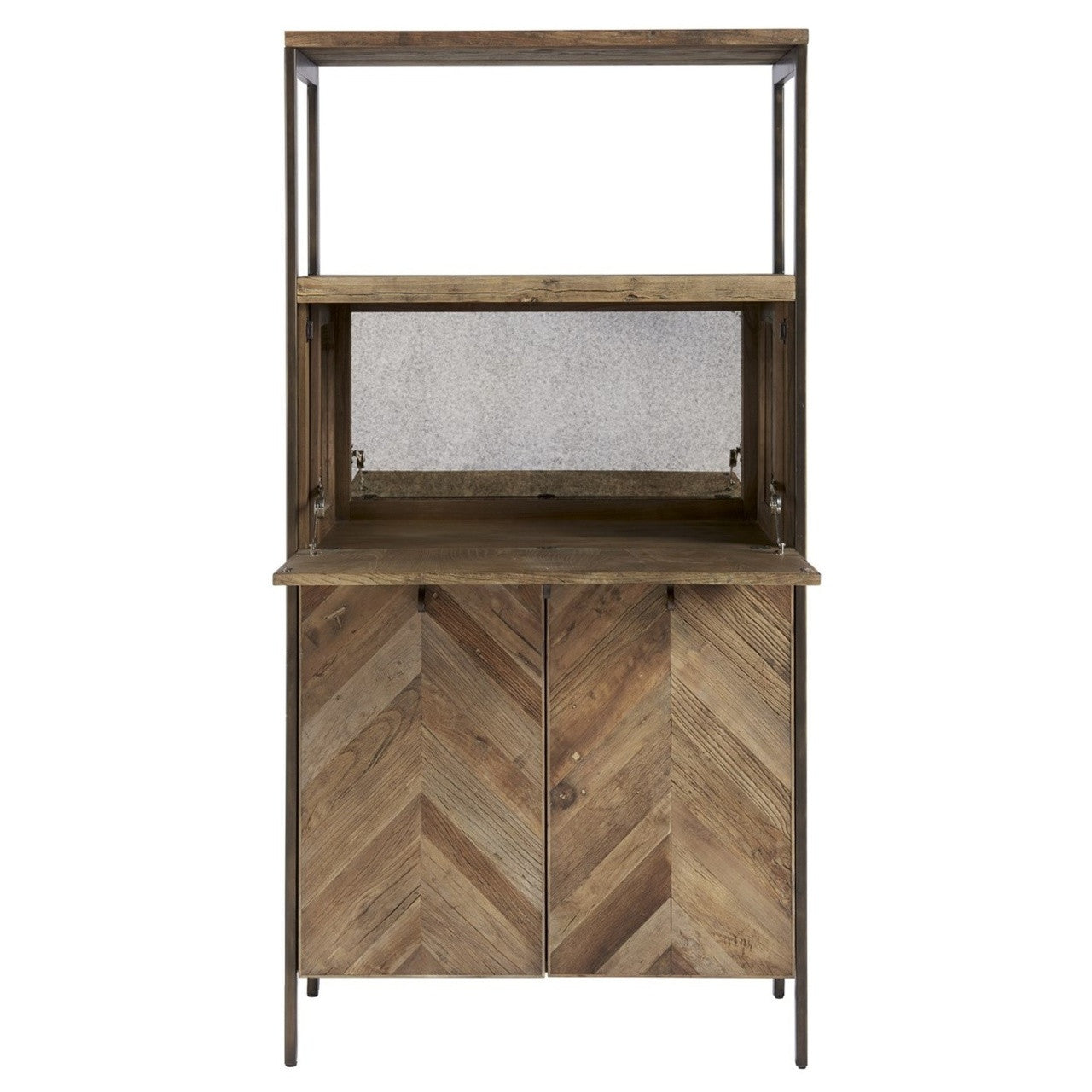 Langston Metal + Rustic Elm Wood Parquet Bar Cabinet