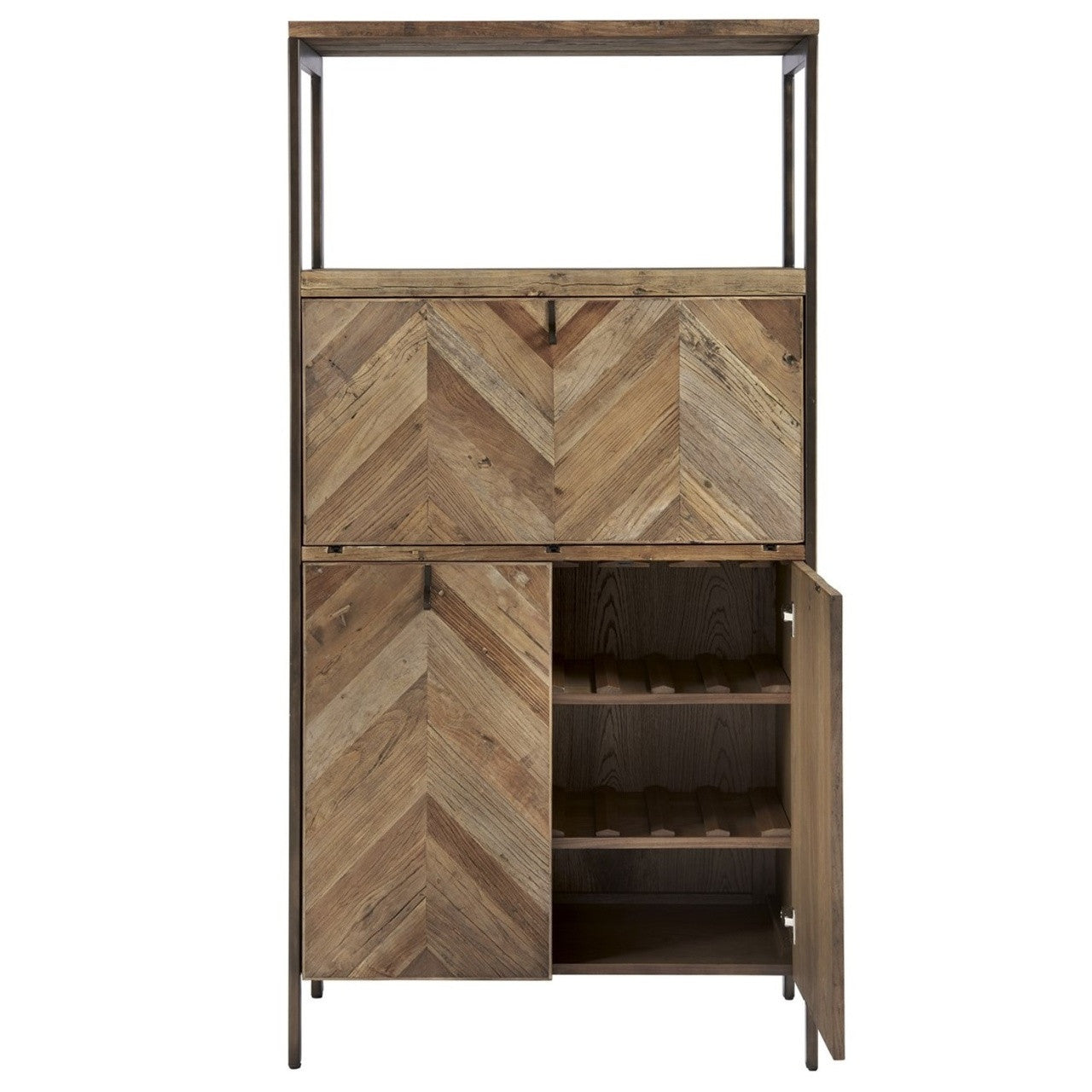 Langston Metal + Rustic Elm Wood Parquet Bar Cabinet