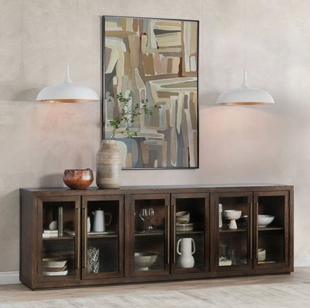 Amy Oak Wood 6 Glass Door Media Cabinet 108"
