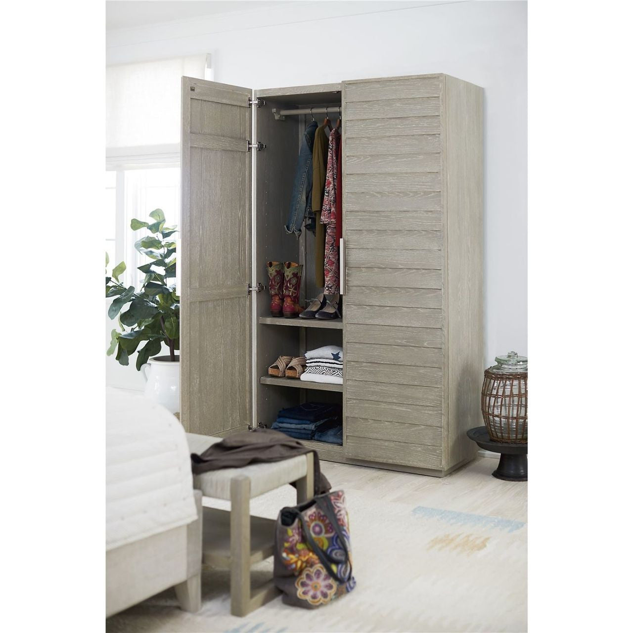 Coastal Zephyr Gray Louvered Wardrobe Armoire