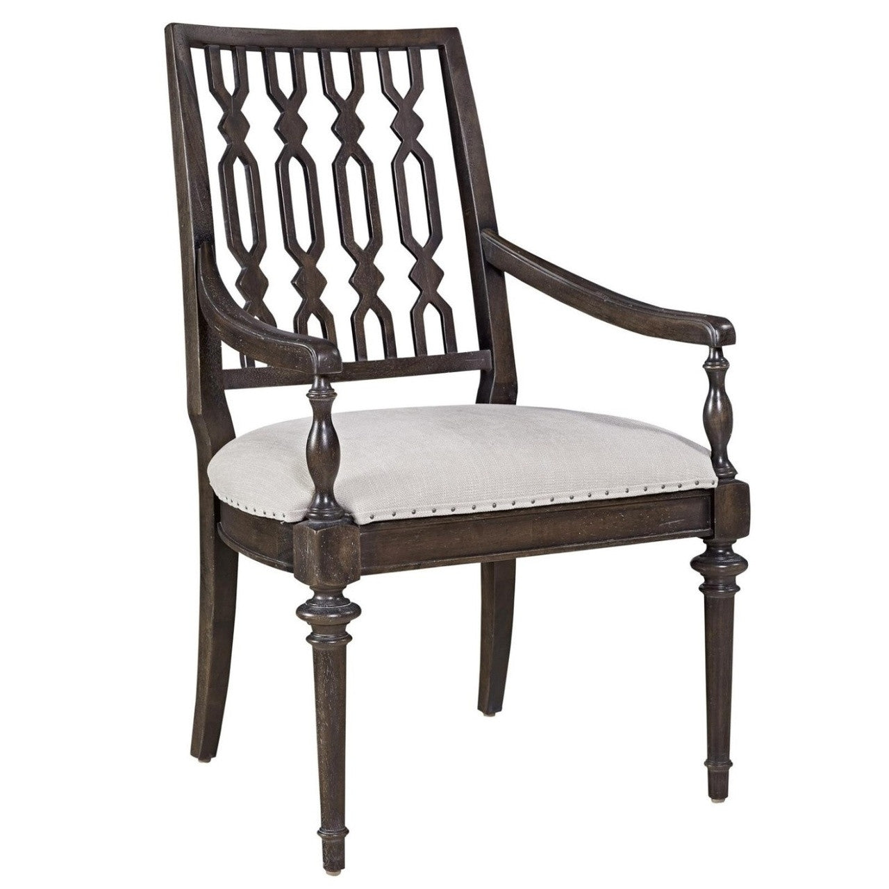 French Maison Dark Wood Upholstered Dining Arm Chair