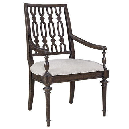 French Maison Dark Wood Upholstered Dining Arm Chair