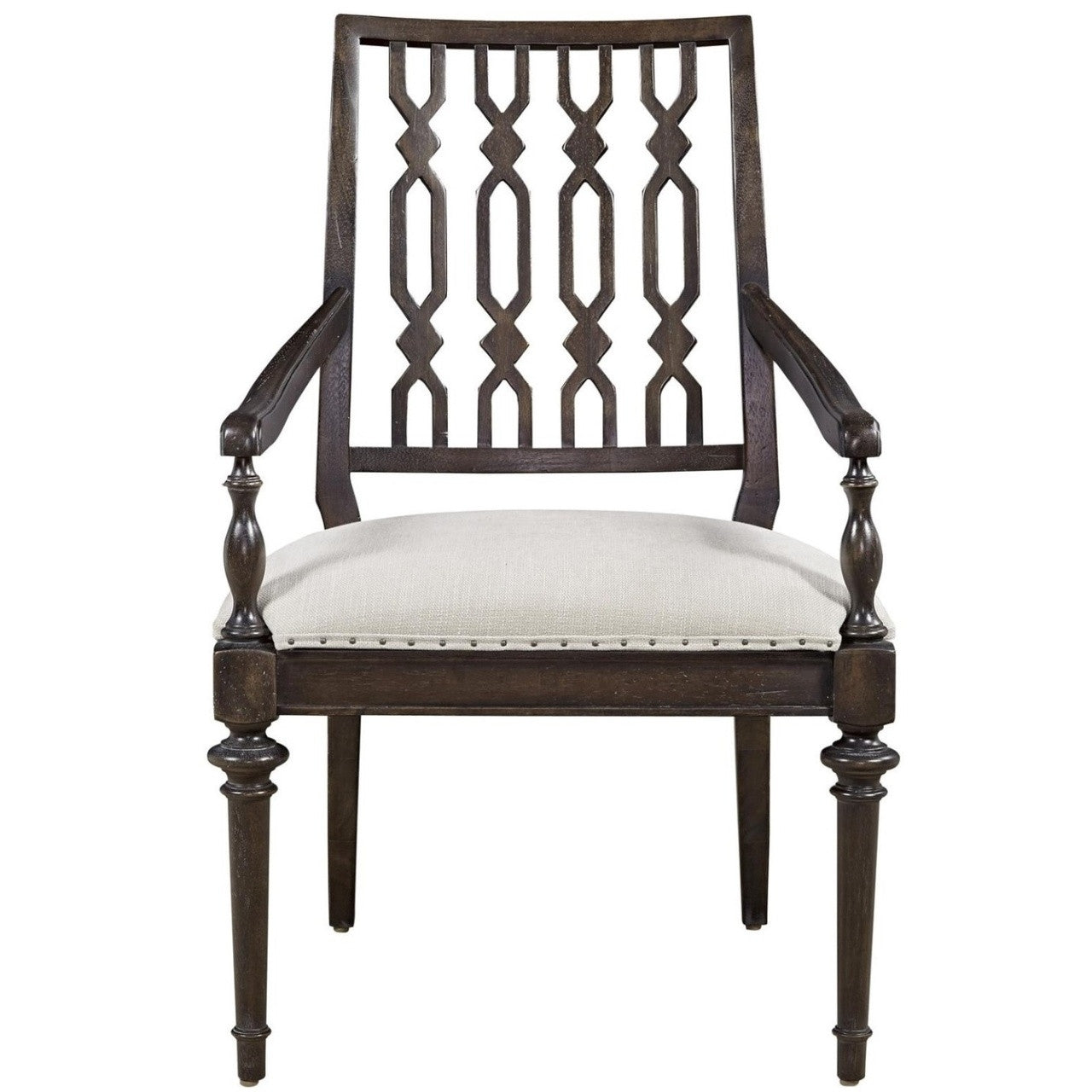 French Maison Dark Wood Upholstered Dining Arm Chair