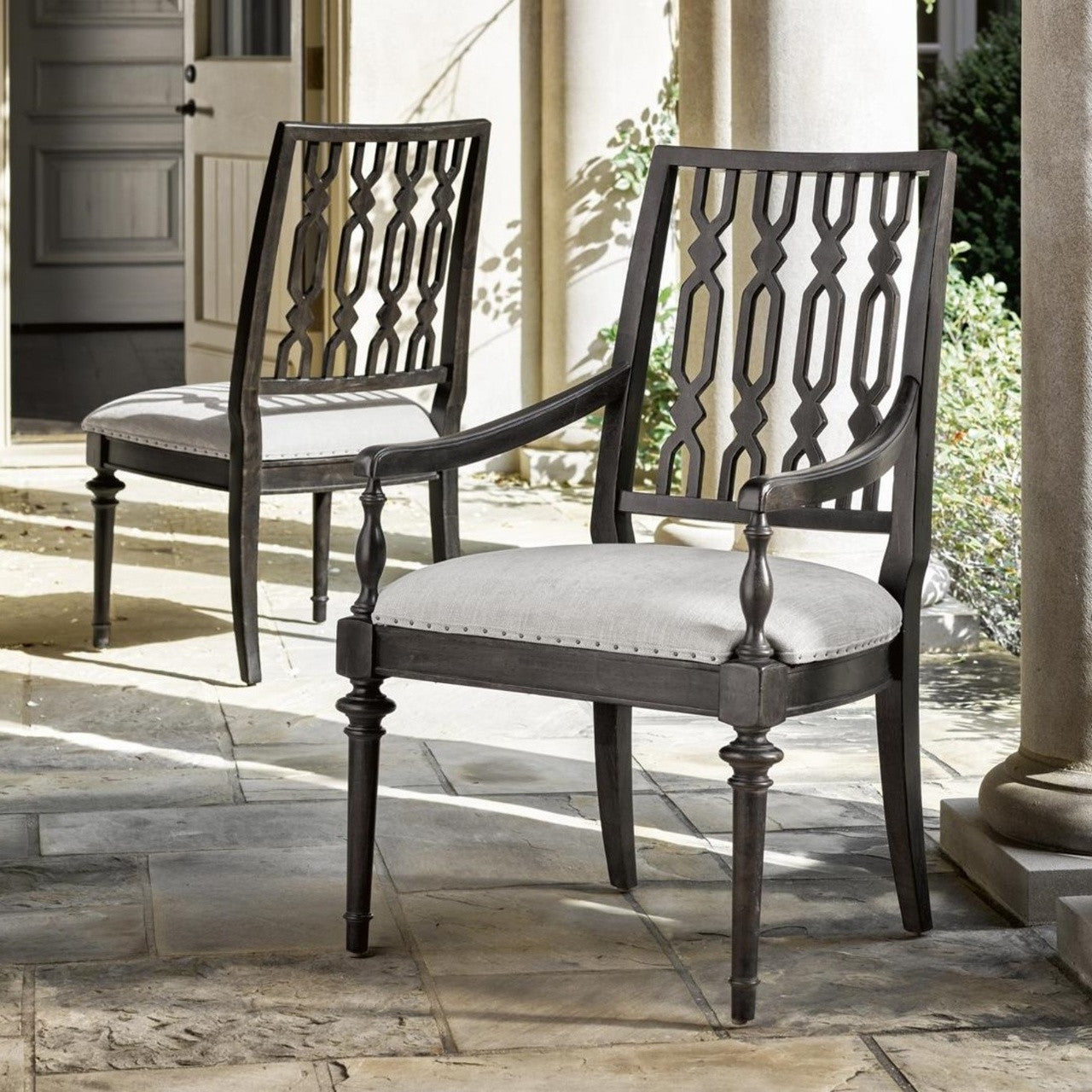 French Maison Dark Wood Upholstered Dining Arm Chair