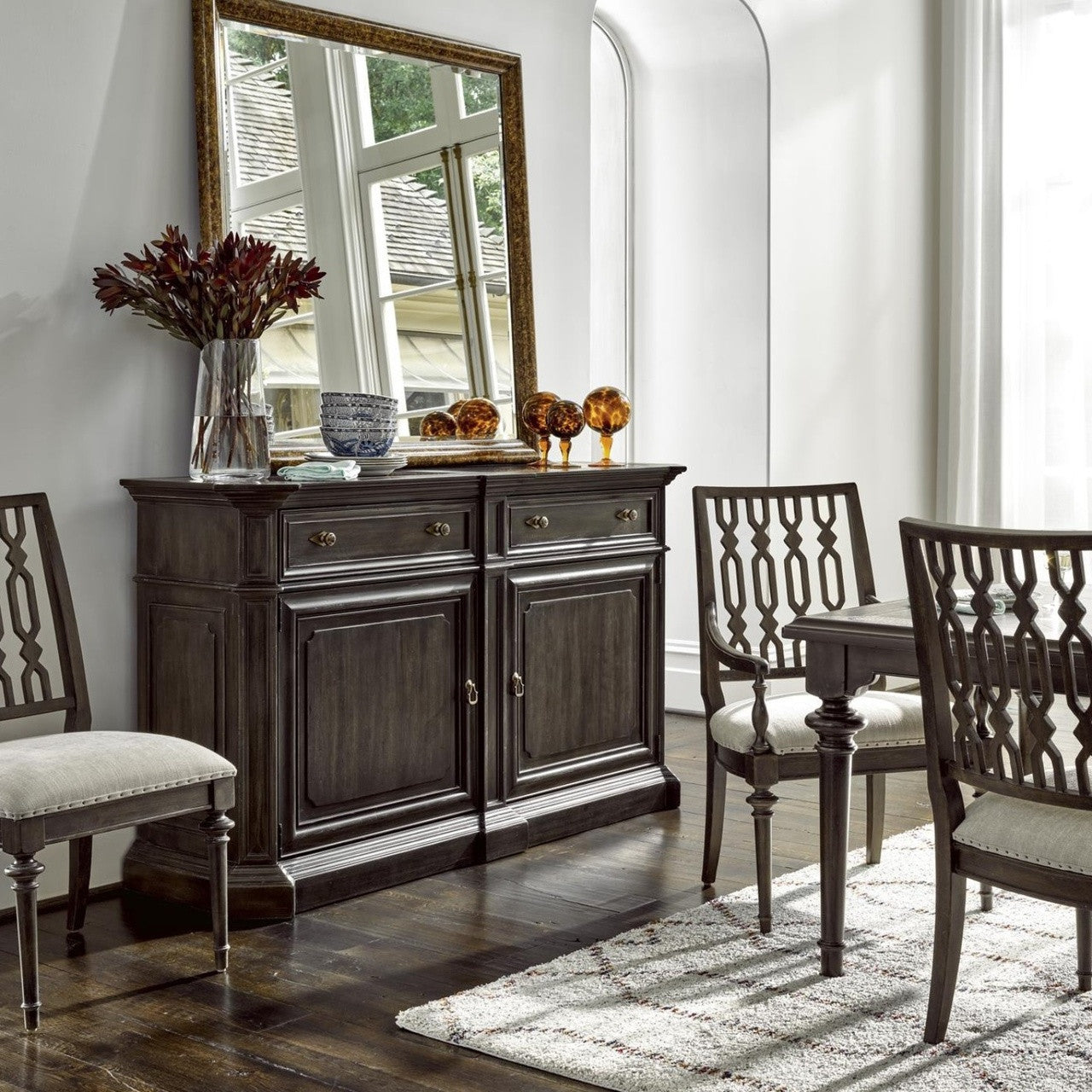 French Maison Dark Wood Upholstered Dining Arm Chair