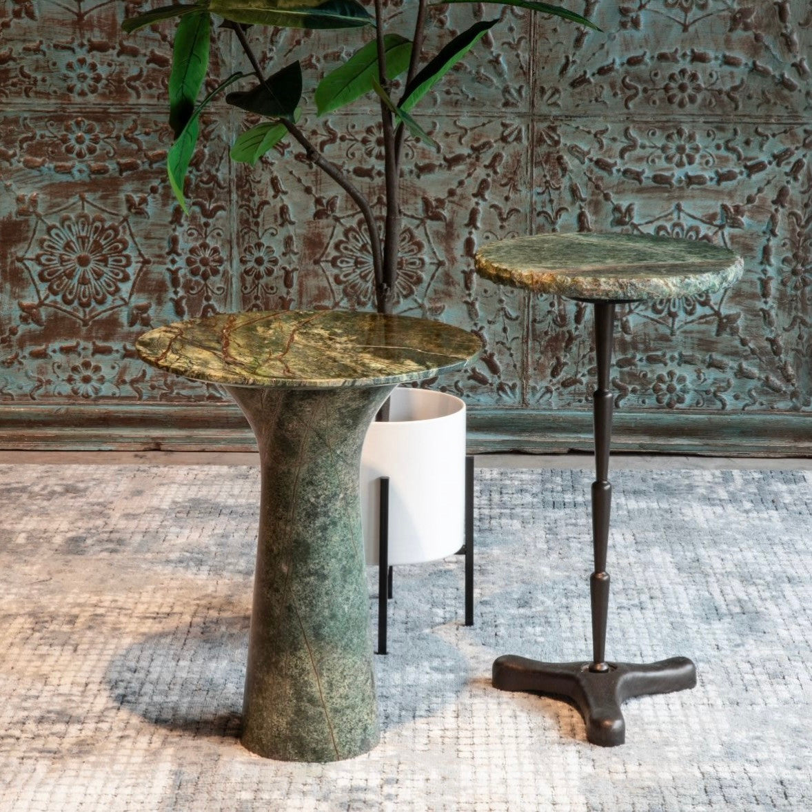 Breton 18" Tall Side Table in Green Bidasar Marble