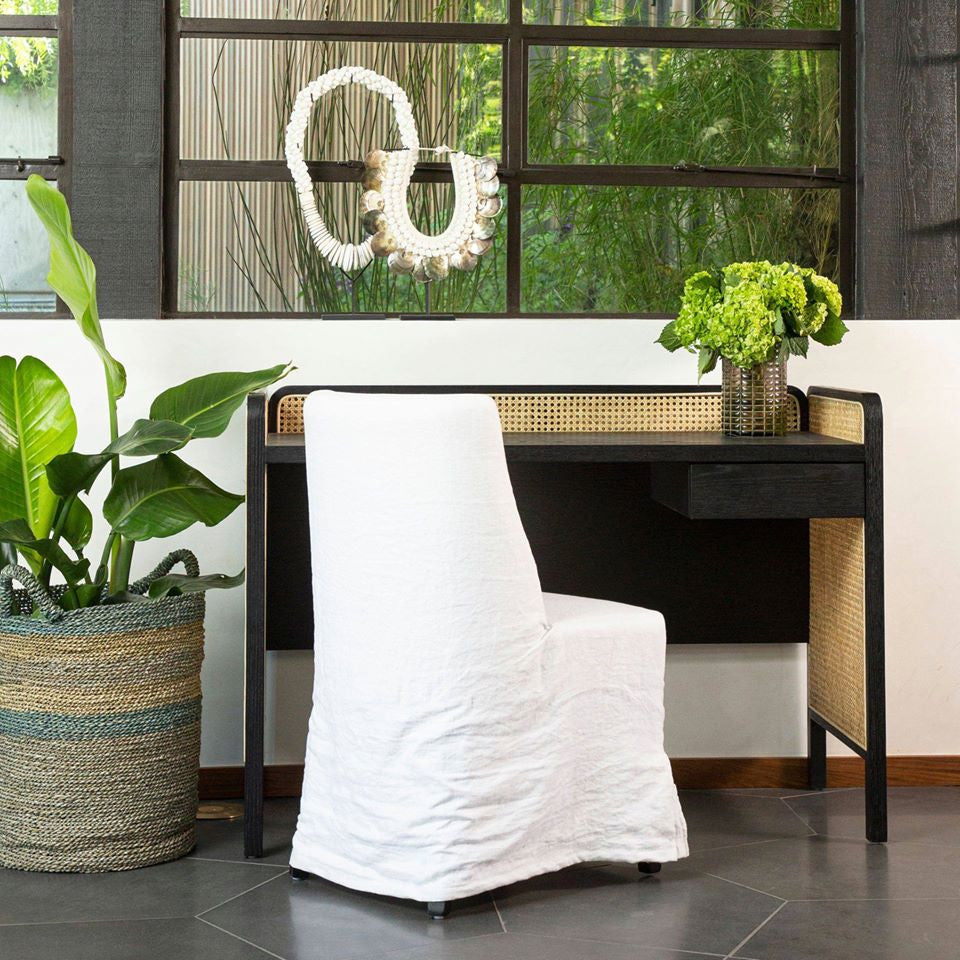 Dolores Black Oak + Woven Cane Writing Desk