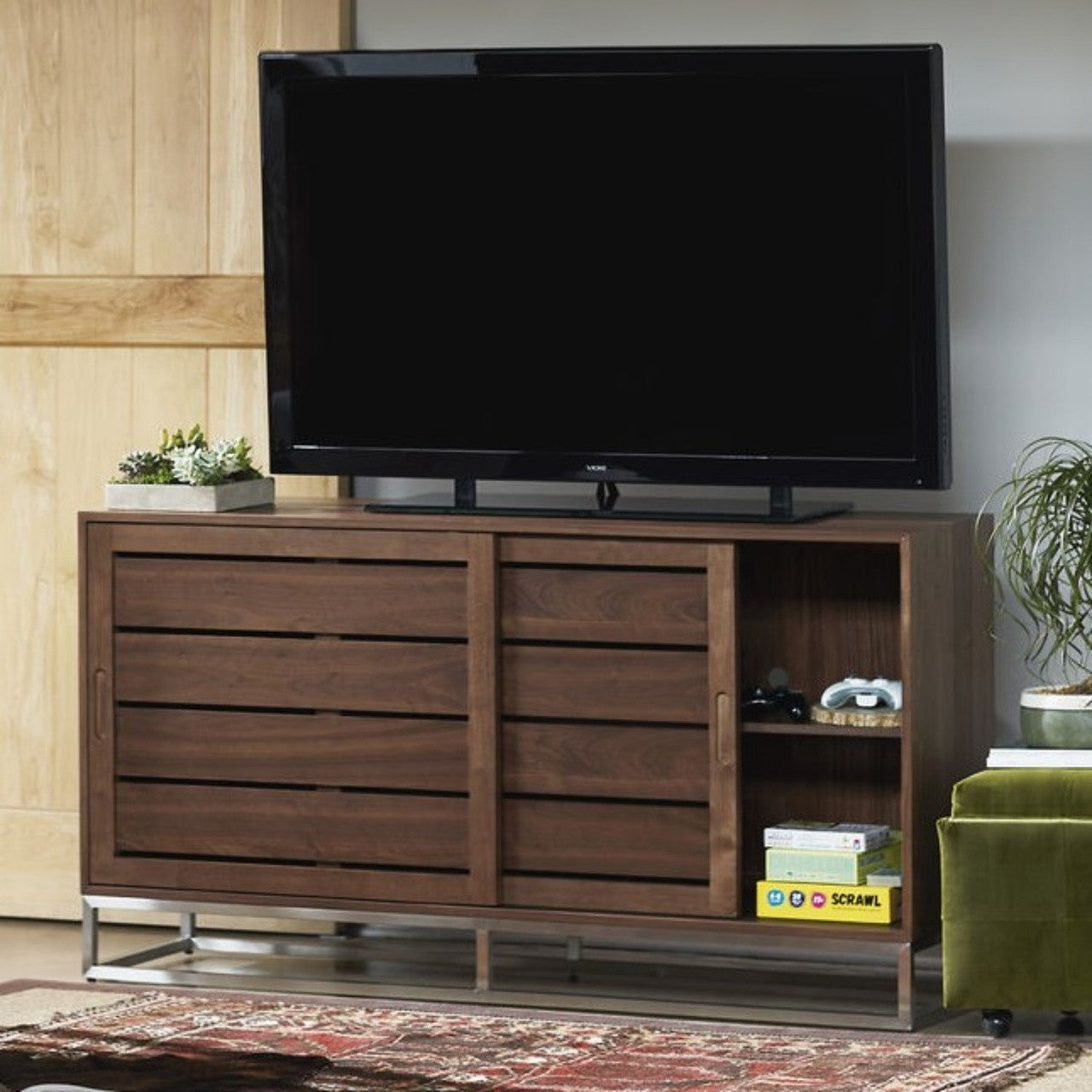 Urban Modern Walnut Sliding Door Media Console