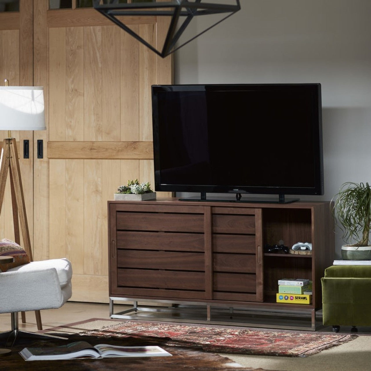 Urban Modern Walnut Sliding Door Media TV Stand