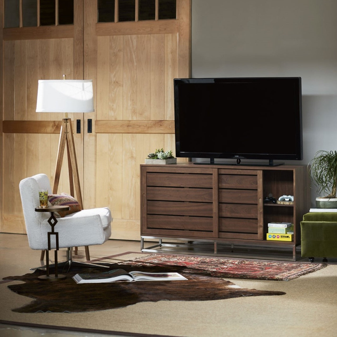 Urban Modern Walnut Sliding Door Media TV Console