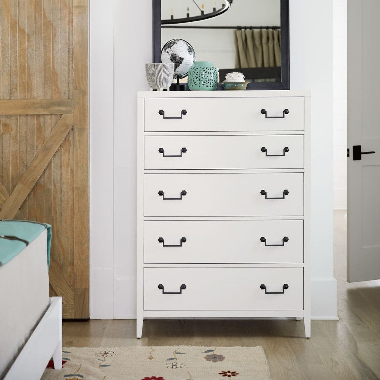 Boho Chic Modern White 5 Drawers Tall Chest