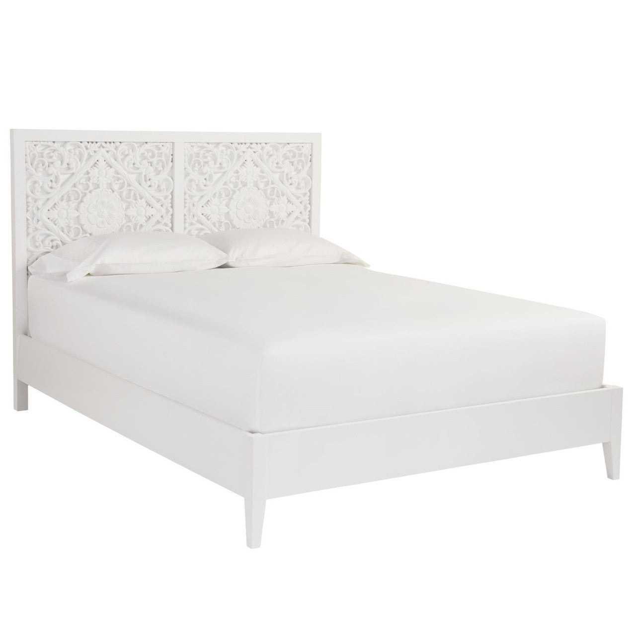 Bohemian Carved Headboard White Queen Bed