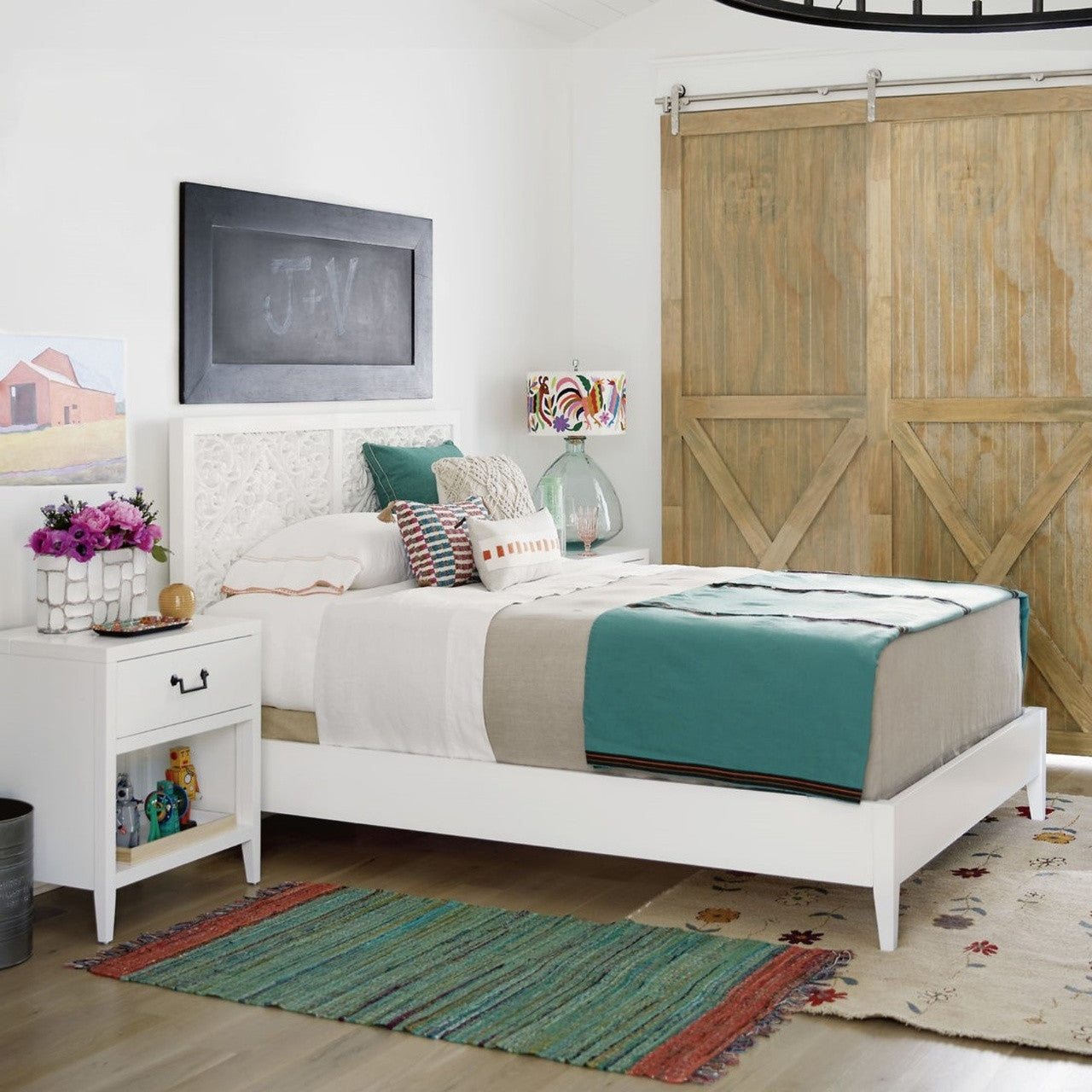 Boho Chic Carved Headboard White Queen Bed Frame
