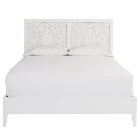 Boho Chic Carved Headboard White Queen Bed