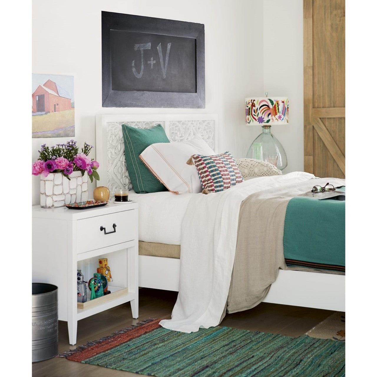 Boho Chic Carved Headboard White Queen Bed