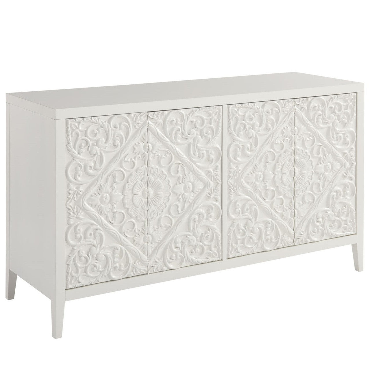 Boho Chic Carved Door White Media Console 58"
