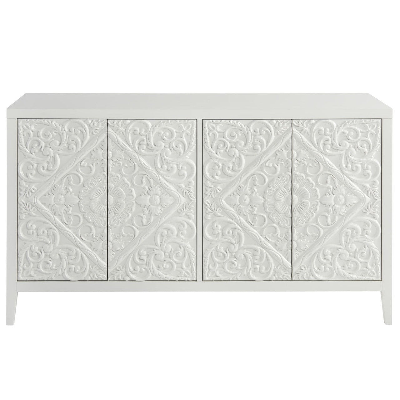 Boho Chic Carved Door White Media Cabinet 58"