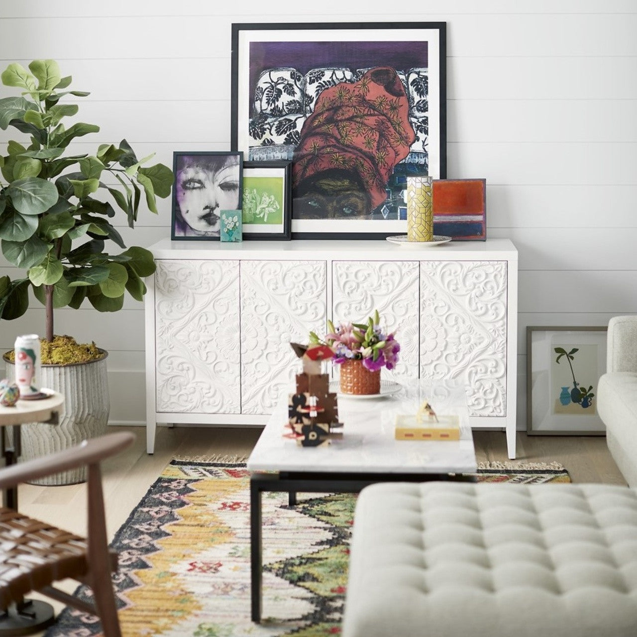 Boho Chic Carved Door White Media Cabinet 58"