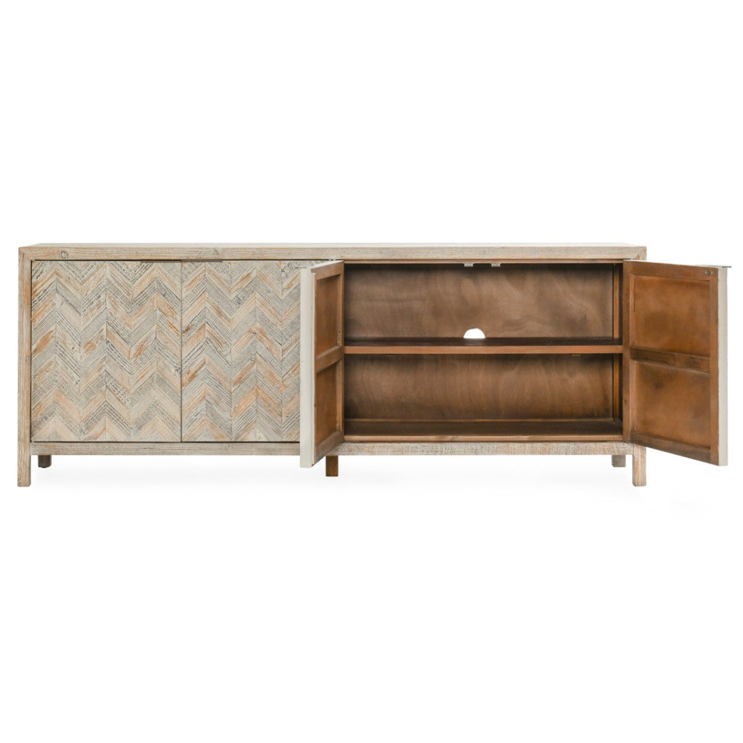 Sabrina 94" Reclaimed Pine Chevron Patterned 4-Door Cabinet