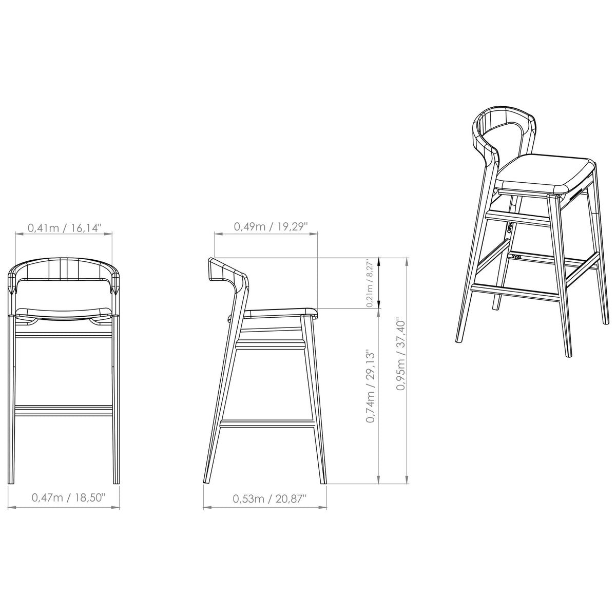 Modern Brazilian Velma Bar Stool Medley Ivory Seat - Nogal Frame by Urbia - detail 7