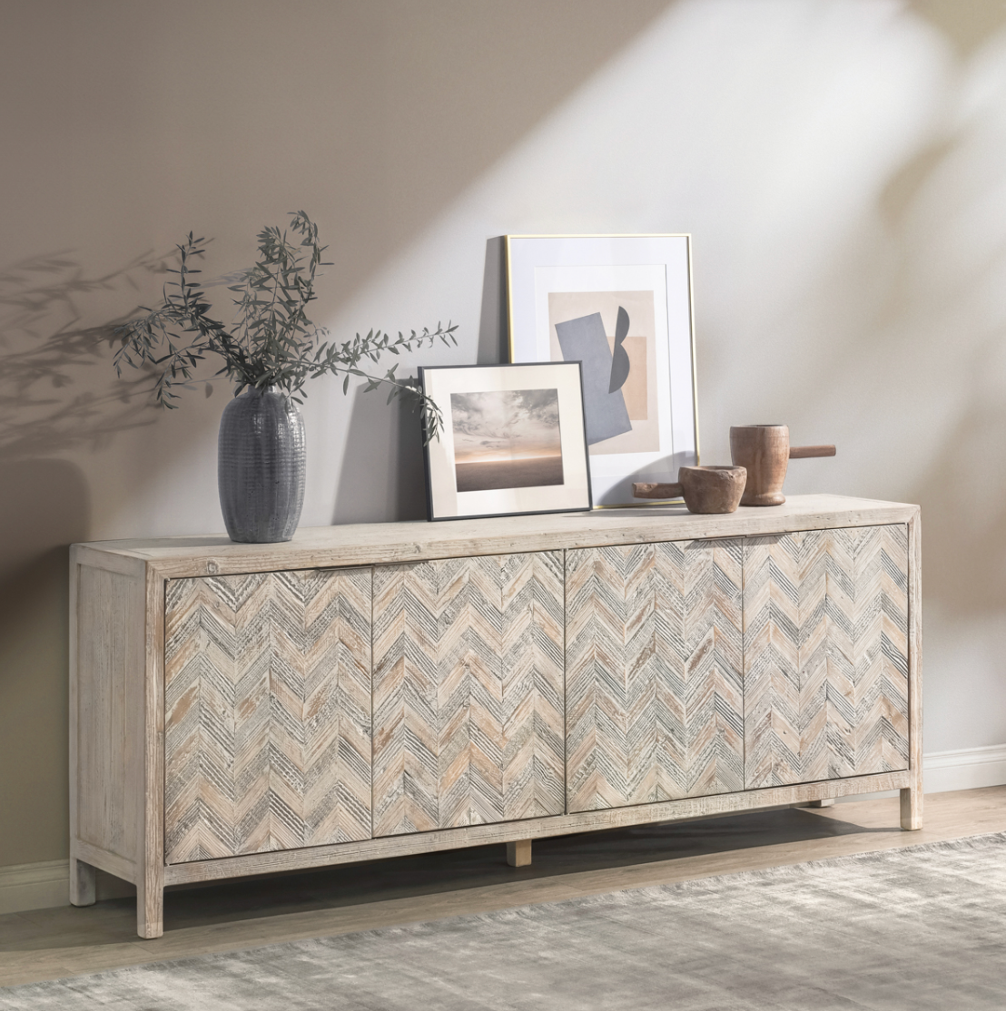 Sabrina 94" Reclaimed Pine Chevron Patterned 4-Door Cabinet