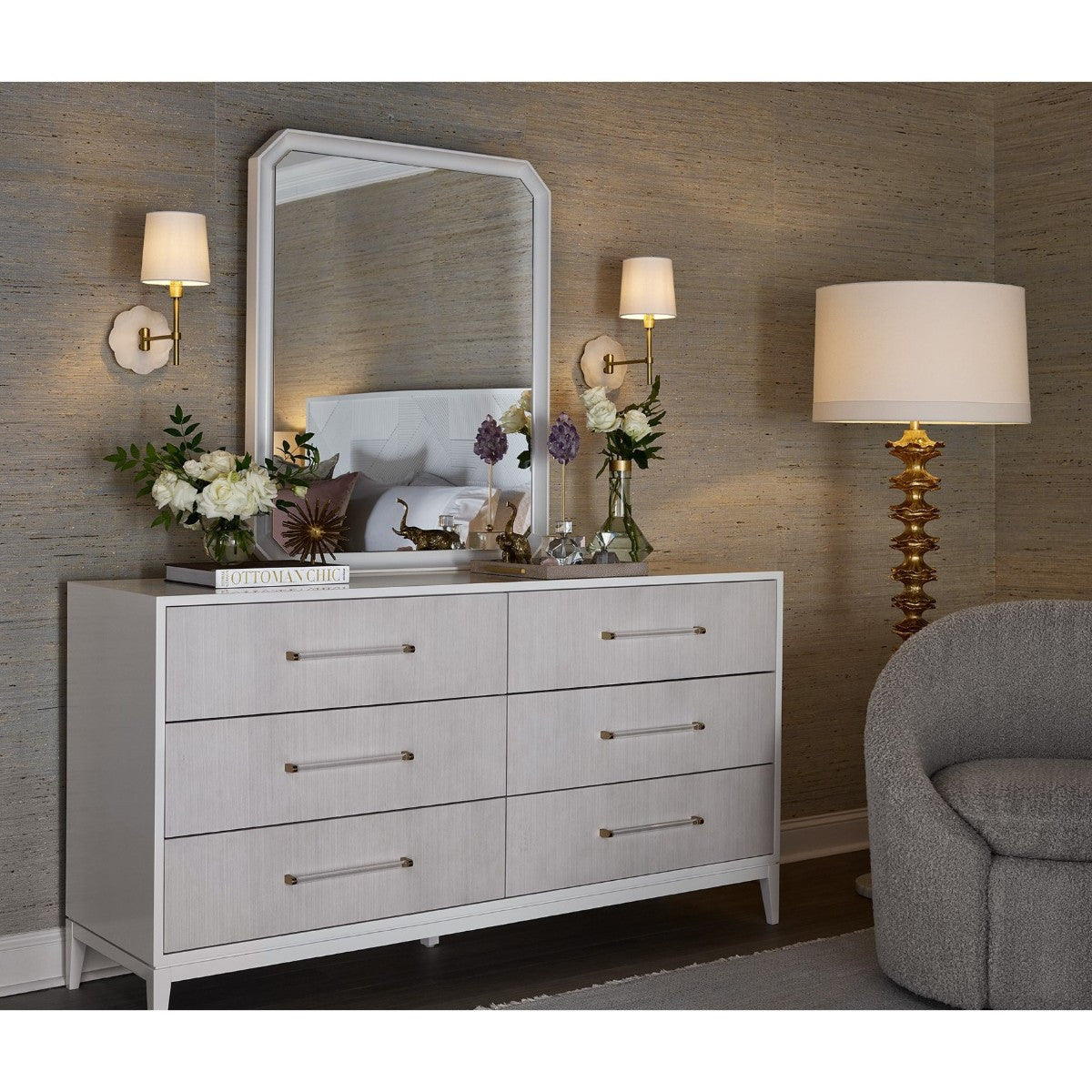 Brentwood White Lacquer 6 Drawers Dresser 68"