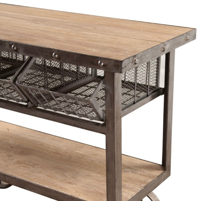 Industrial Natural Oiled Teak + Iron Rolling Kitchen Cart 48"