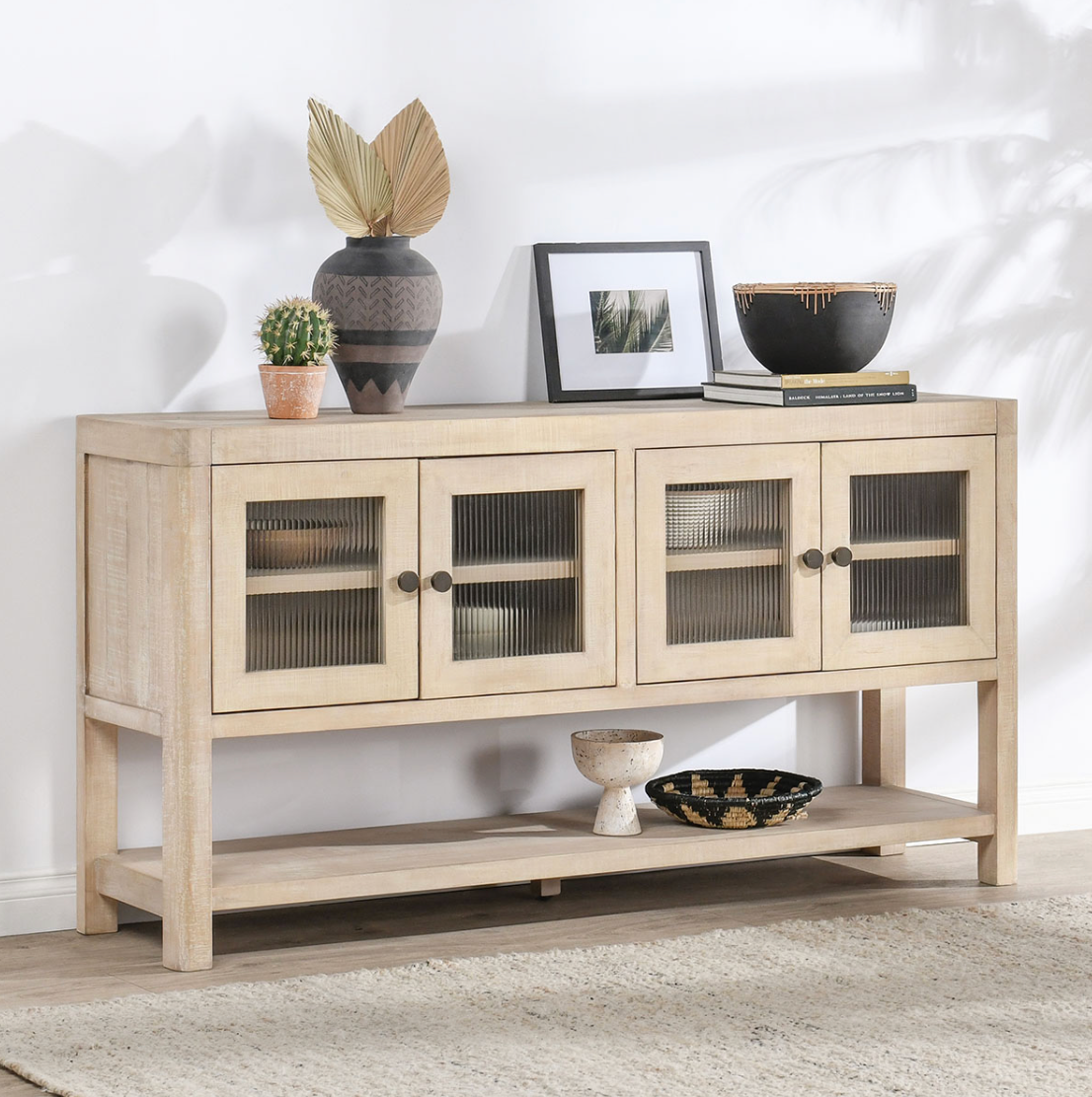 Tristan Reclaimed Wood White Washed 4-Door Cabinet 70"