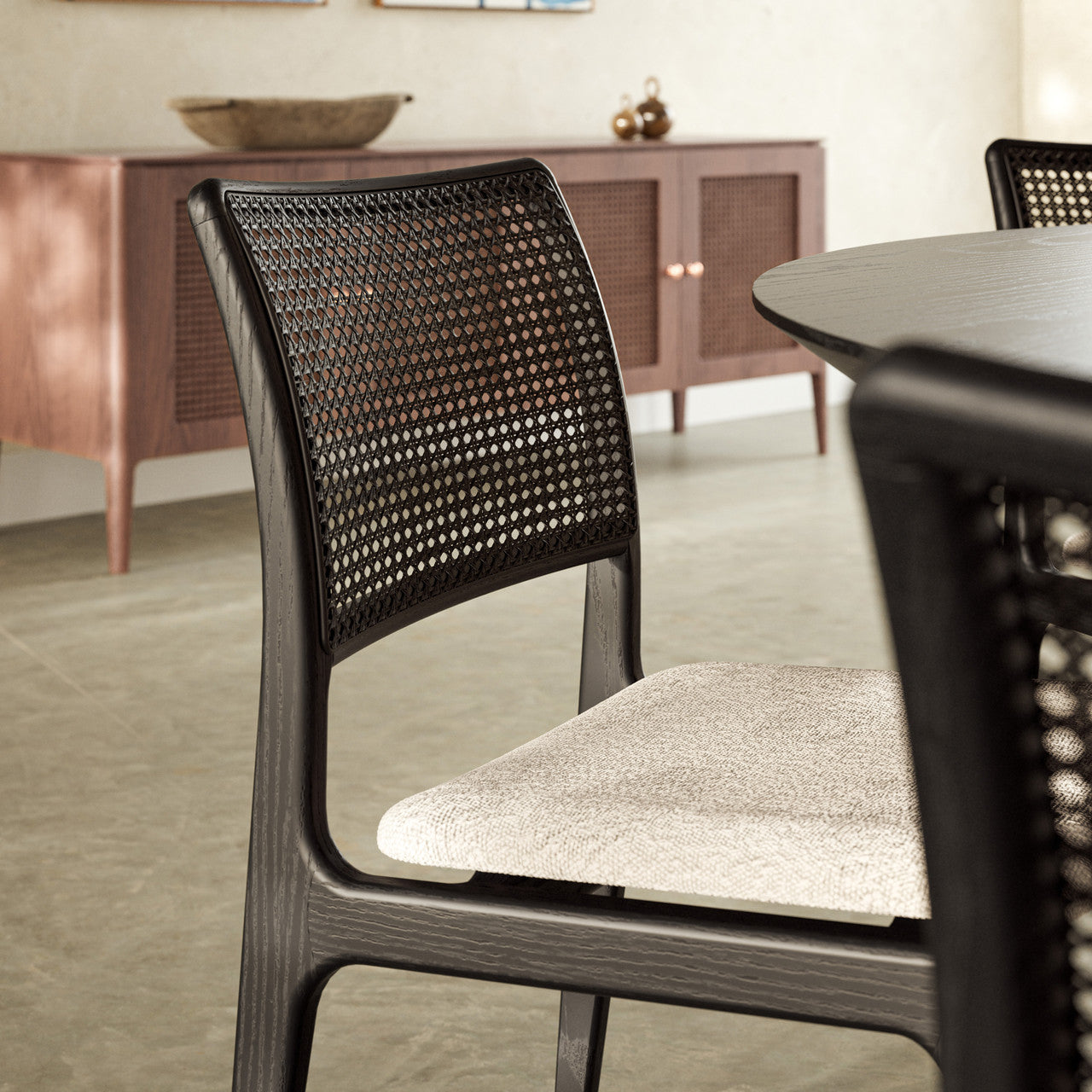 Modern Brazilian - Charlotte - Cane Side Chair - Bouclé Crafted Glaze Seat - Ebano Frame - Ebano Cane Webbing