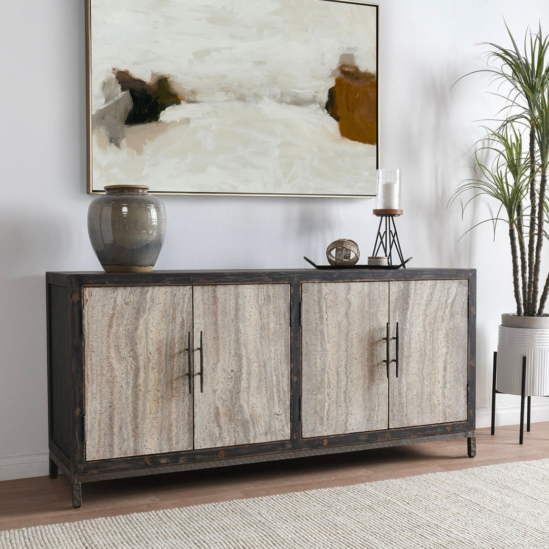 Lisbon 4-Door Reclaimed Wood and Travertine Sideboard 76