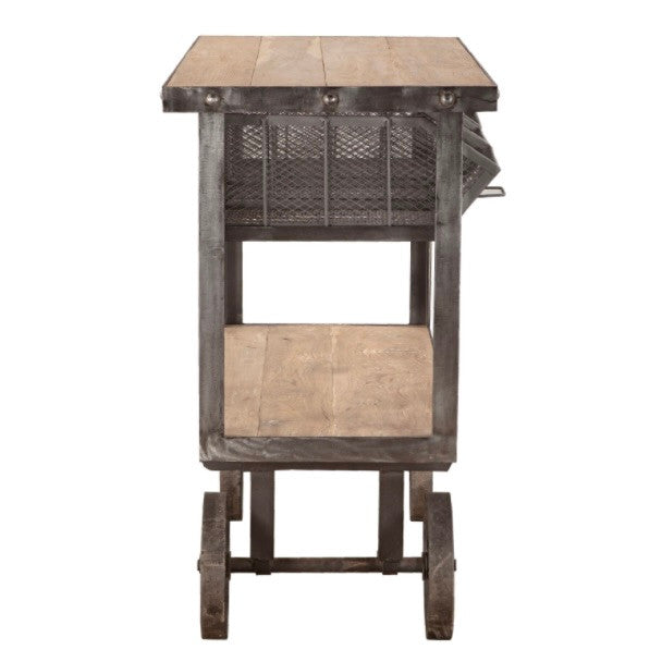 Industrial Natural Oiled Teak + Iron Rolling Kitchen Cart 48"