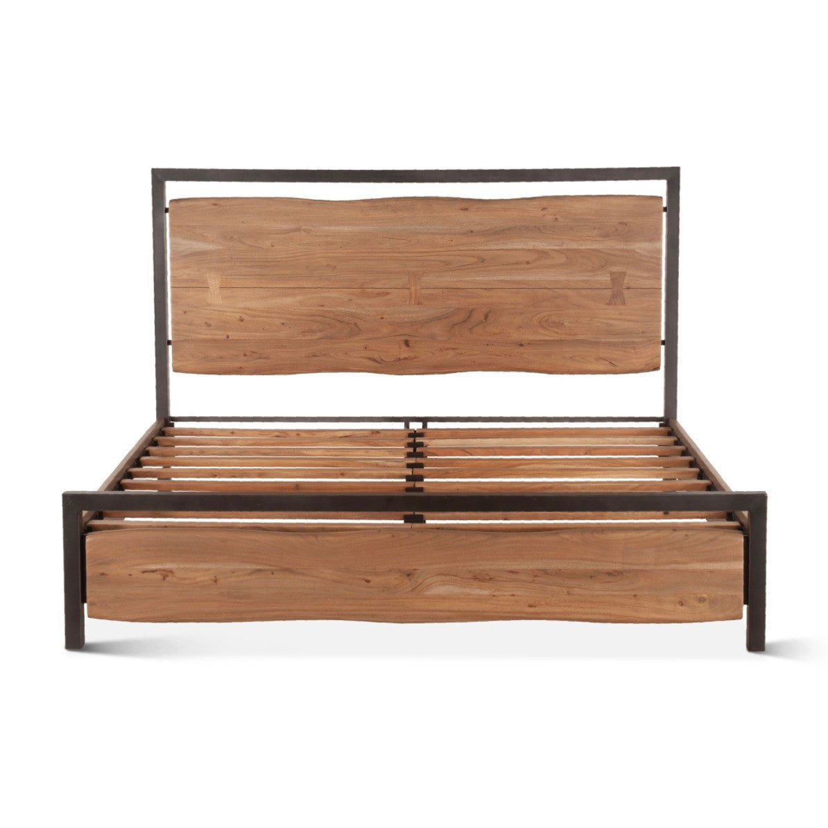 Live Edge Solid Wood & Iron Queen Platform Bed - Smoked Acacia