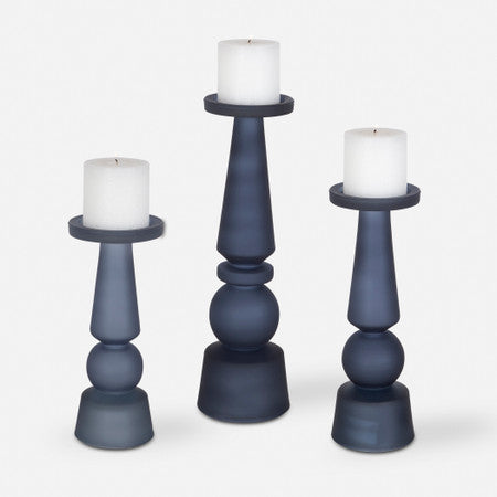 Cassiopeia Blue Glass Candleholders, S/3
