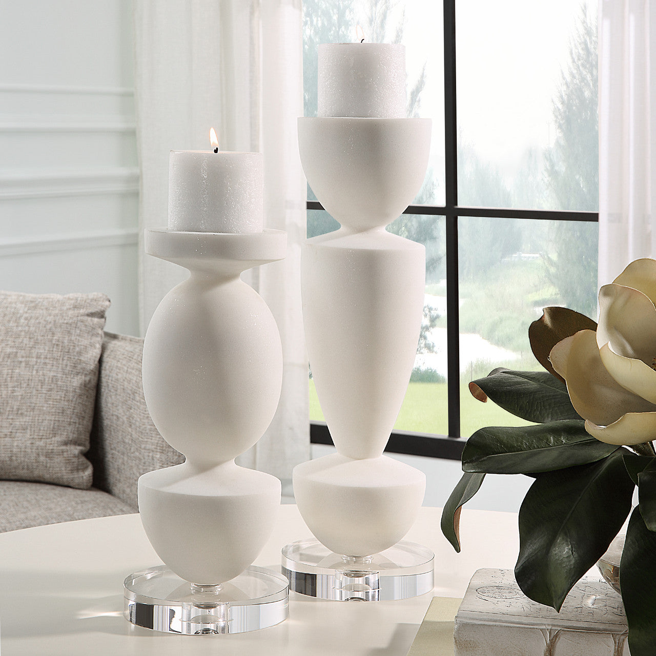 Uttermost Lido White Stone Candleholders, Set/2