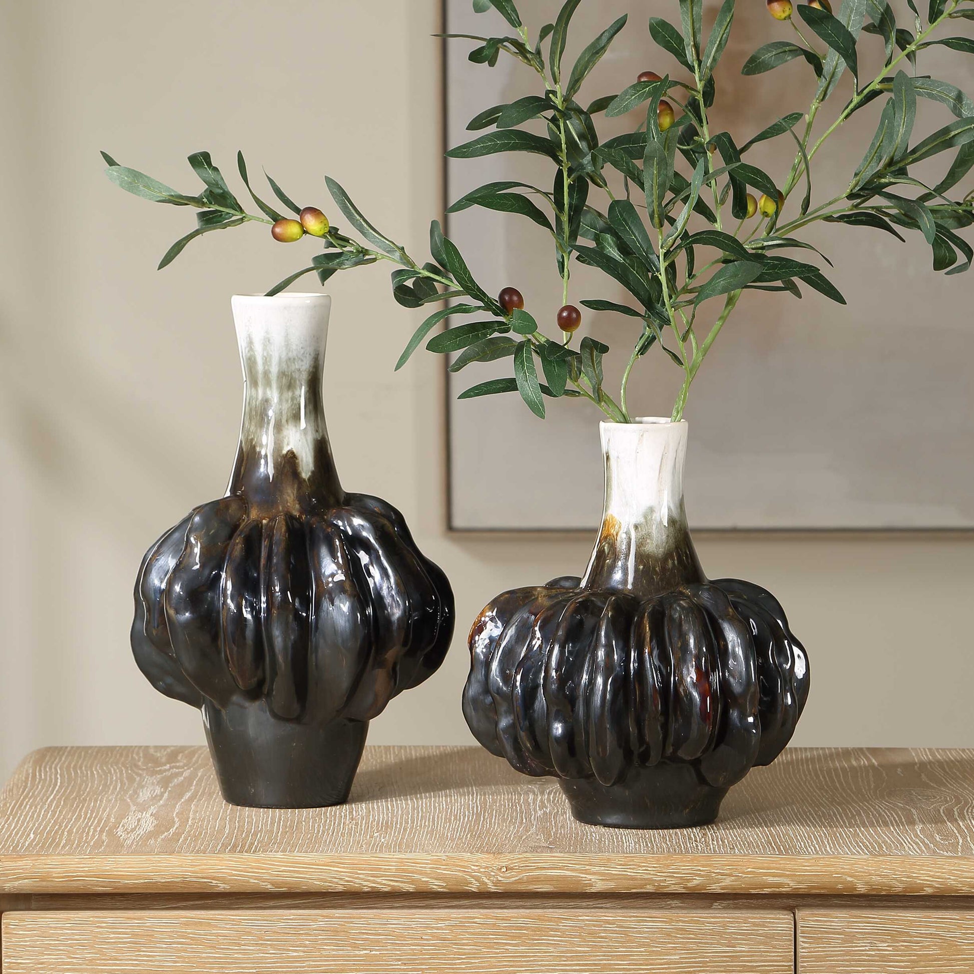 Uttermost Umbrian White & Brown Gourd Vases Set/2