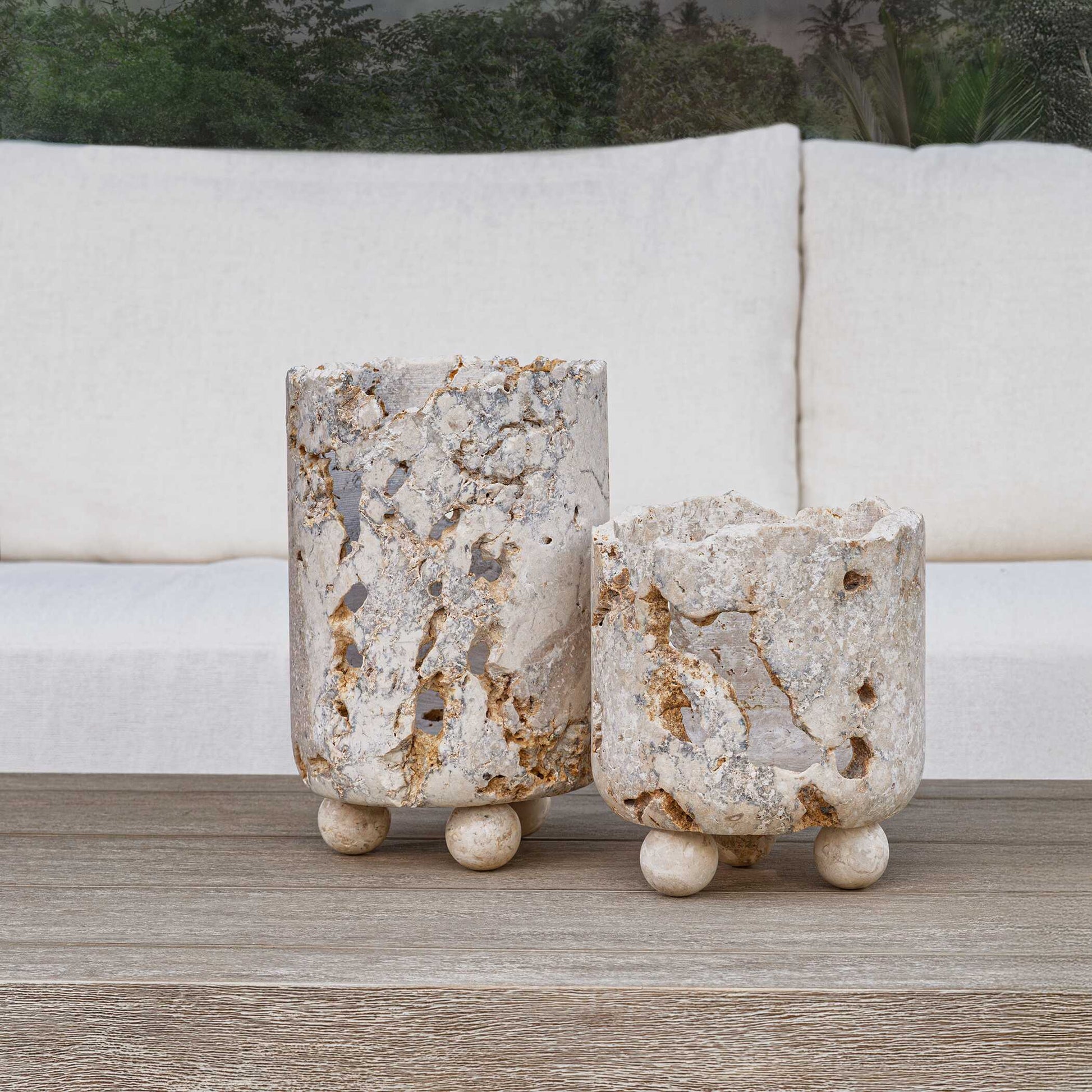 Uttermost Indoor-Outdoor Quarried Stone Candleholders, S/2