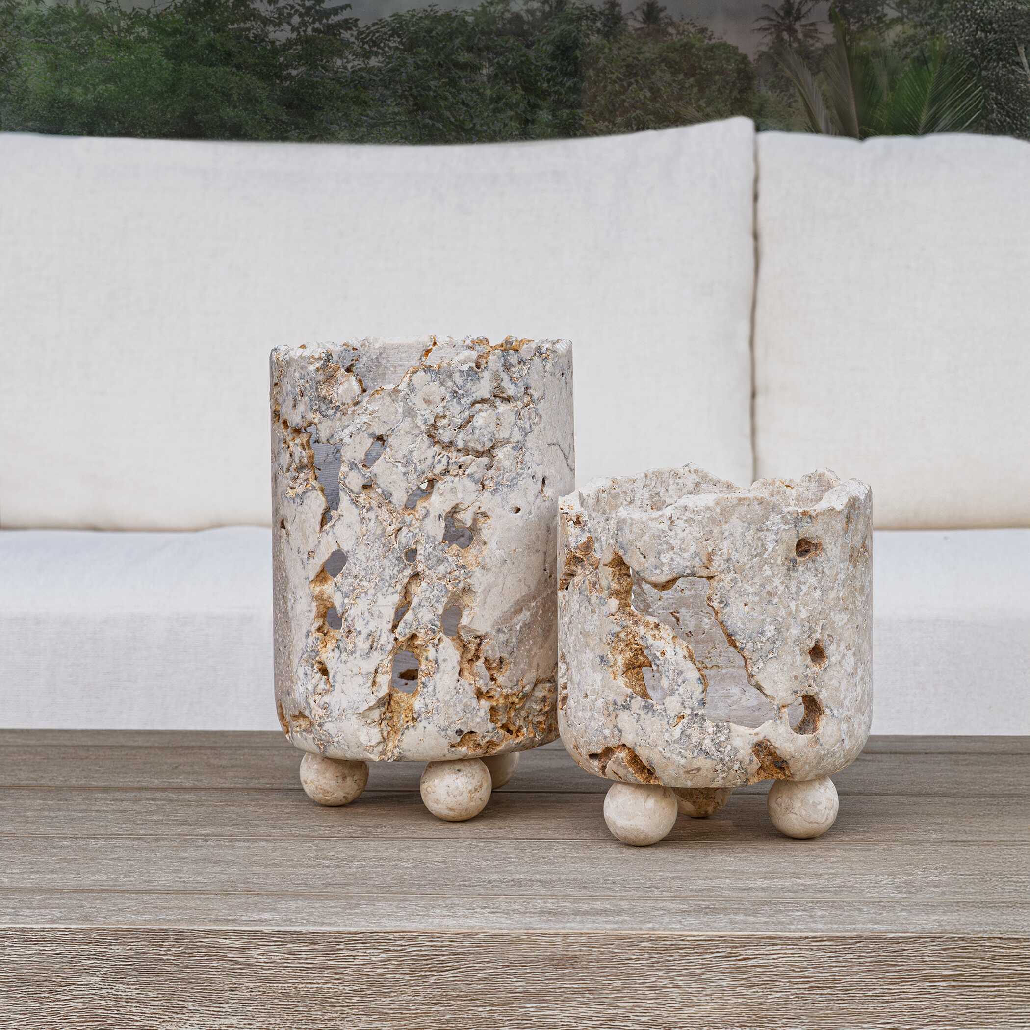 Uttermost Indoor-Outdoor Quarried Stone Candleholders, S/2