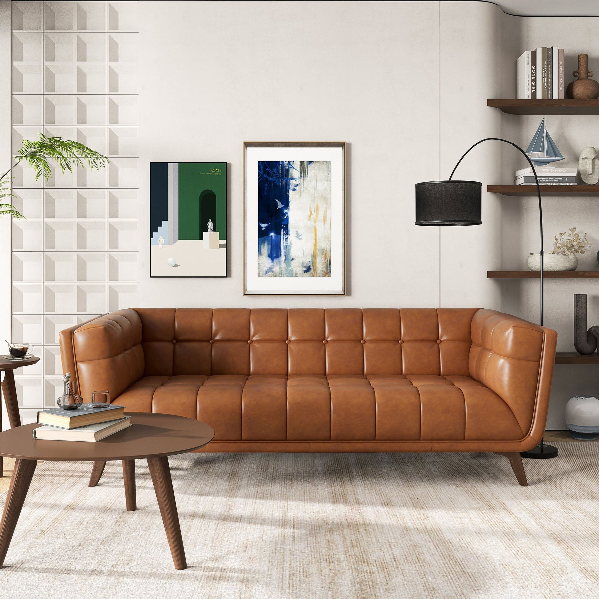 Addison Mid-Century Modern 86" Genuine Leather Sofa in Cognac