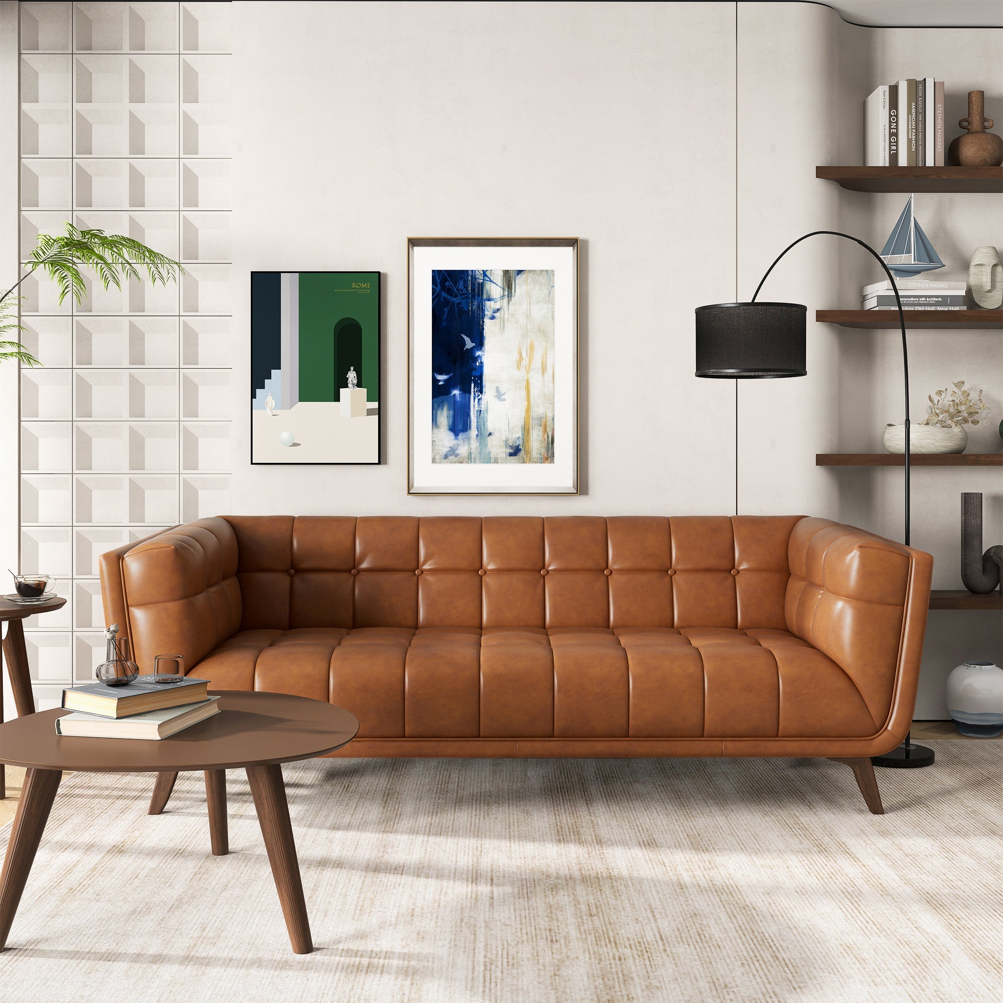Addison Mid-Century Modern 86" Genuine Leather Sofa in Cognac